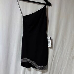 Next/Up One-Shoulder Black Dress with Rhinestone Hem lined dress size 1/2